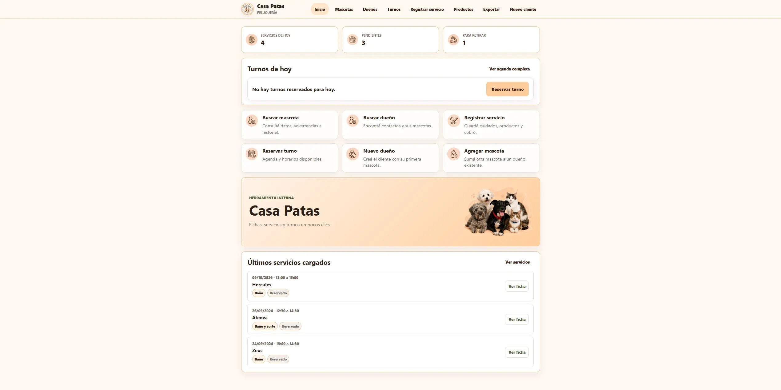 Aplicación real de Casa Patas: agenda, accesos a clientes y mascotas, y servicios registrados con datos de ejemplo